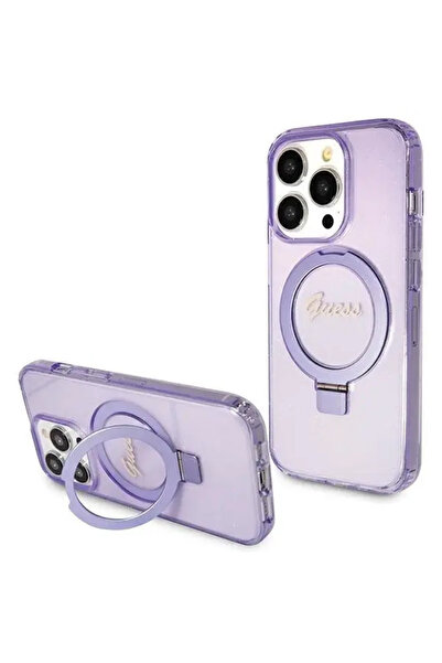 Guess Ring Stand Script Glitter MagSafe for iPhone 15 Pro Max – purple