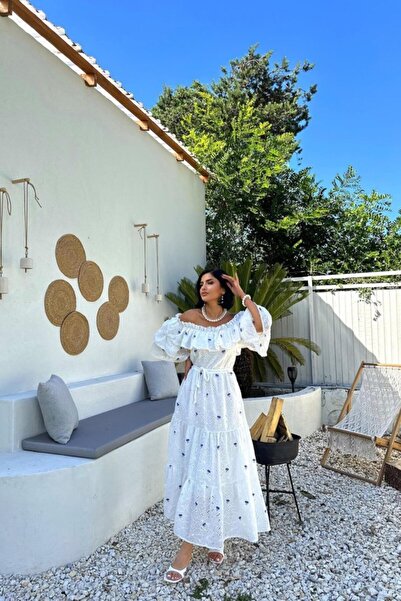 bi baksana Kendim Fashion Lilac Embroidered Dress with Elastic Shoulders