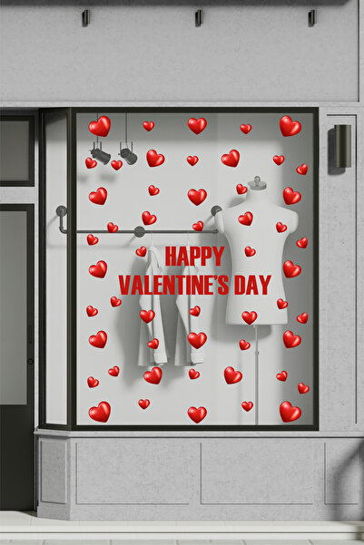 SDİGİTAL Sevgililer Günü Kalpli Cam Sticker Seti - Happy Valentine's Day Yazı...