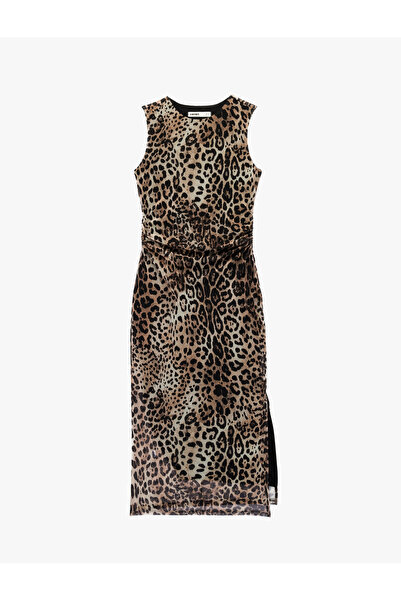 Koton Rochie midi imprimeu leopard fără mâneci, cu decolteu rotund, cu detali...
