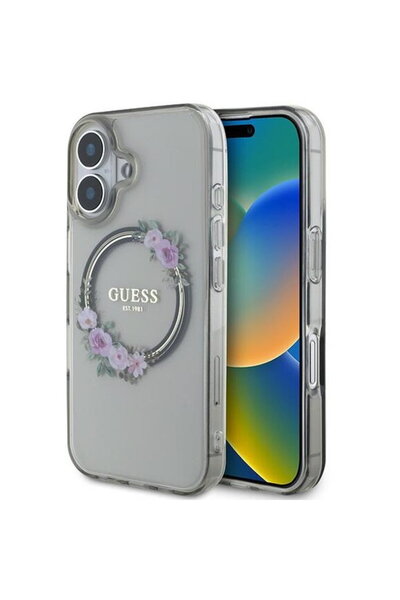 Guess Case for iPhone 16 - IML Flowers Wreath MagSafe (GUHMP16SHFWFCK) - Black