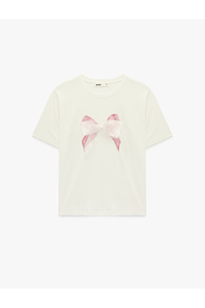 Koton Cotton Short Sleeve Crew Neck Bow Applique Detail T-Shirt