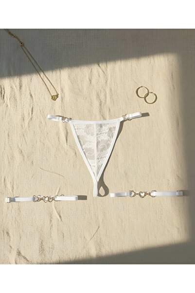 Maly Love Women's White Lace Heart Detailed Thong String with Leg Accessories