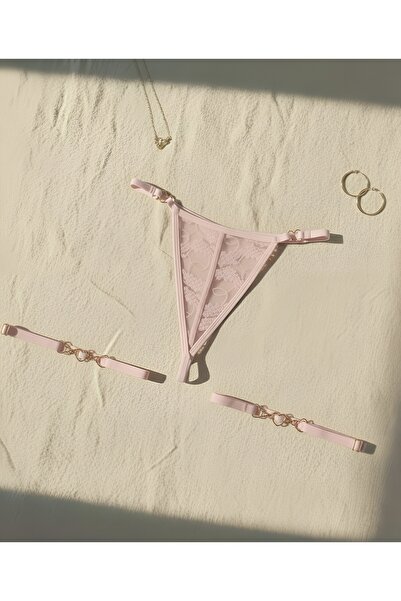 Maly Love Women's Pink Lace Heart Detailed Thong String with Leg Accessories