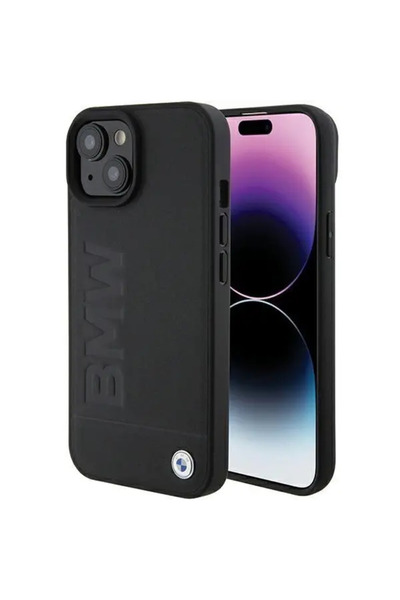 BMW Husă din piele cu ștampilare la cald pentru iPhone 15 Plus - neagră