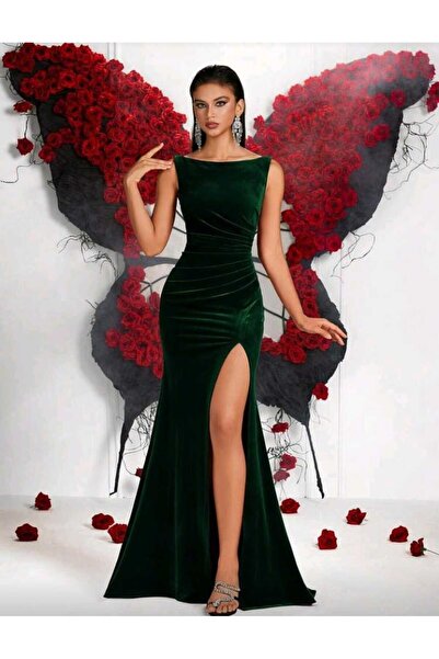 elissaa UZUN YIRTMAÇLI KADİFE ABİYE ELBİSE