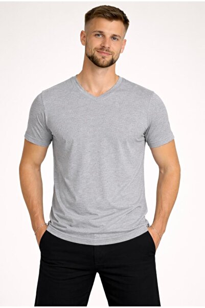 AXXEL Men's Gray Melange V-Neck Short Sleeve-D804