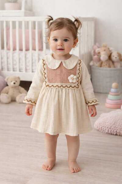 BEBEXO KIDS Kız Bebek Müslin Kumaş Papatyalı Nakış Detaylı Elbise|9-12-18-24 Ay