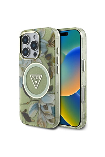 Guess Case for iPhone 16 Pro - IML Metal Glitter Flowers Triangle MagSafe (GU...