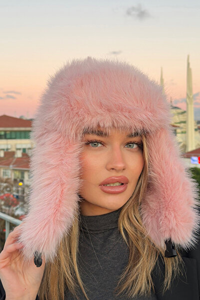 Mollycrush Luxury Women's Pink Long Furry Faux Fur Plush Furry Pilot Hat