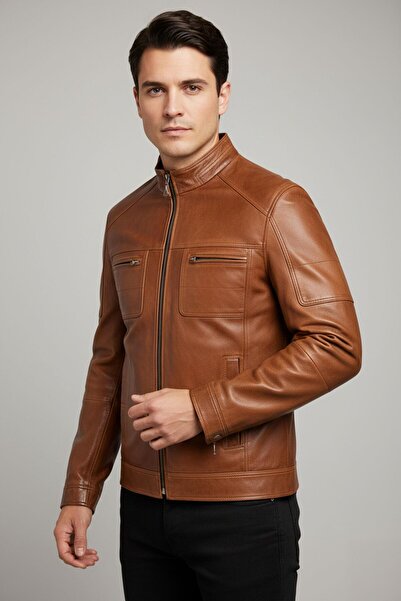 Deriderim Taba Everest Mock Neck Men's Genuine Leather Jacket