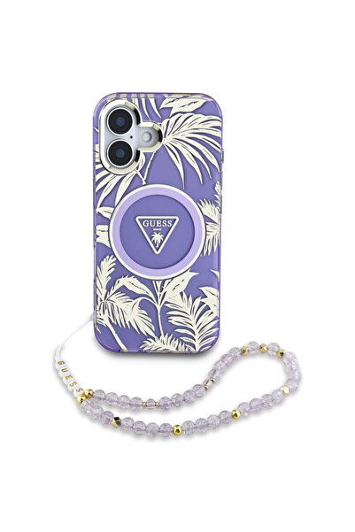 Guess Husa pentru iPhone 16 - IML Palm Trees Triangle with Pearl Strap MagSaf...