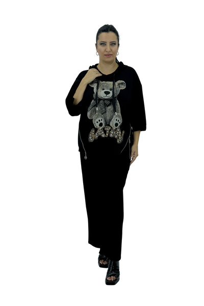 Sortie Plus Size Hooded Stretch Fabric Stone Embroidered Capri Sleeve Side Zi...