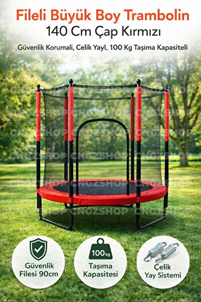CNGZSHOP Fileli Büyük Boy Trambolin 140 Cm Çap Kırmızı | Güvenlik Korumalı, Ç...