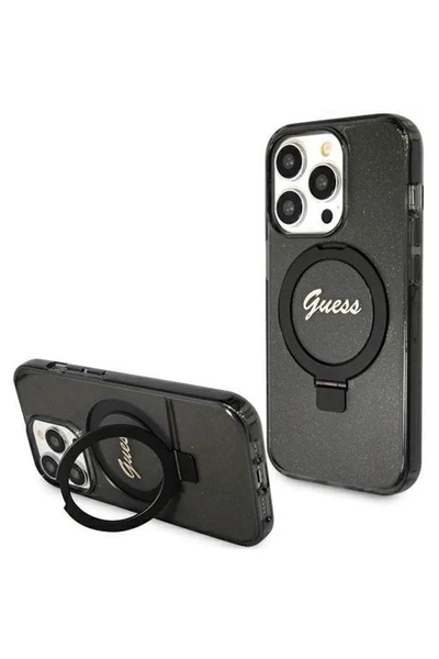 Guess Ring Stand Script Glitter MagSafe pentru iPhone 15 Pro Max – negru