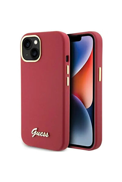 Guess Script Metal Logo & Frame silicone case for iPhone 15 – red