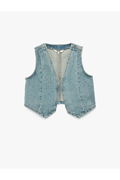 Koton Yıldız Detaylı Pamuklu Kolsuz V Yaka Denim Yelek