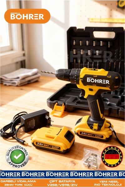 BÖHRER 24V AKÜLÜ DARBELİ TORK AYARLI ÇİFT AKÜLÜ 24 PARÇA VİDALAMA MATKAP