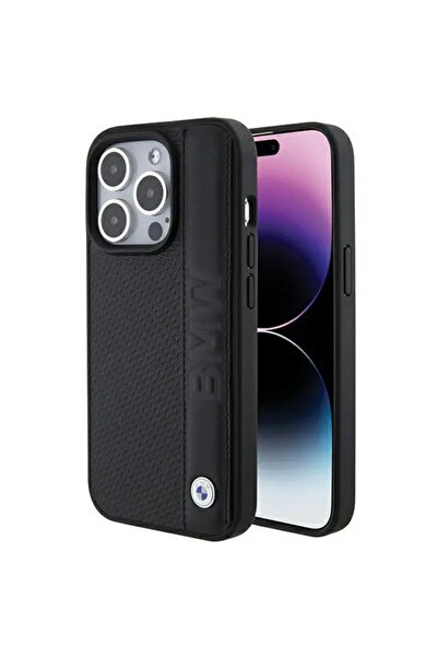 BMW Husă din piele texturată și cu dungi pentru iPhone 15 Pro - neagră