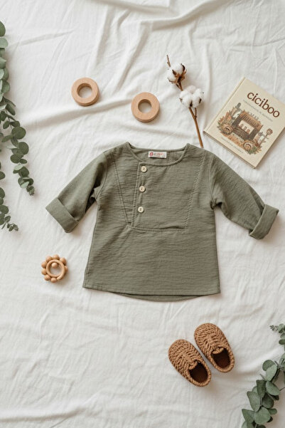 BABYİLAY Green Linen Shirt Linen Pantalon Top and Bottom Set