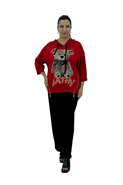 Sortie Plus Size Hooded Stretch Fabric Stone Embroidered Capri Sleeve Side Zi...