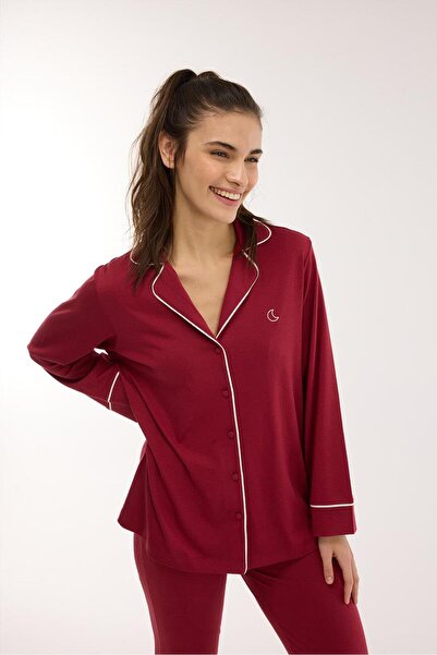 Jaya Modal Biyeli Uzun Kollu Pijama Takımı / Vişne