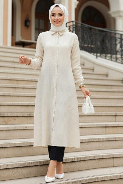 N.S NEVA STYLE Buttoned Beige Hijab Tunic 70381Bej