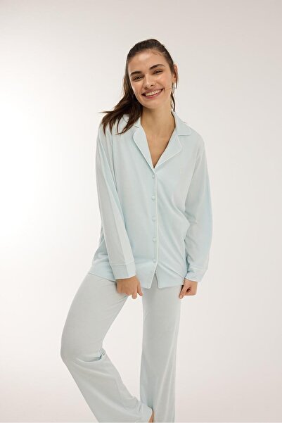 Jaya Modal Biyeli Uzun Kollu Pijama Takımı / Buz Mavisi