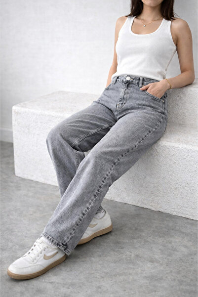 ENDİCİ Kadın Gri Yüksek Bel Straight Fit Jean Pantolon