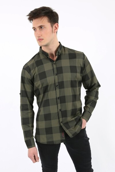 Giyimodam Men's Casual Large Square Patterned Stretch Fabric Shirt