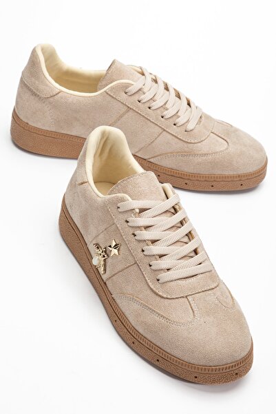 BAHRİNA Women's Beige Suede Butterfly Star Buckled Casual Sneakers