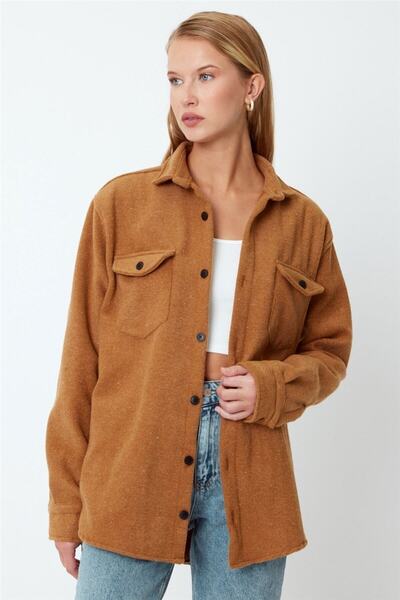 BLUE STREET Kadın Açık Hardal Slim Fit Cepli Ekoseli Oduncu Gömlek-kkkodg001r25s