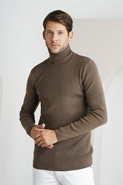 BLUE STREET Men's Brown Plain Turtleneck Knitwear Sweater trz1406r03s
