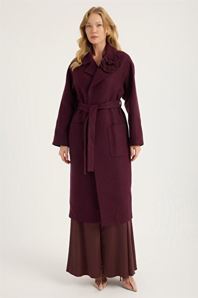 HomeStore 2 Kese Cep Kuşak Bağlı Çiçek Broşlu Kaban