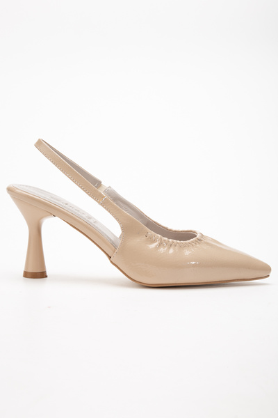 Entella Store Women's Wrinkled Beige Patent Leather Pointed Elastic Heeled Shoes