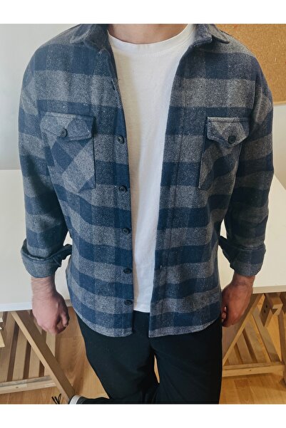 BLUE STREET قميص حطاب ذو جيوب مزدوجة باللون النيلي المدخن للرجال