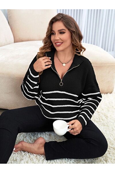 BLUE STREET Black-Women's Oversized Zippered Fisherman Knitwear Sweater