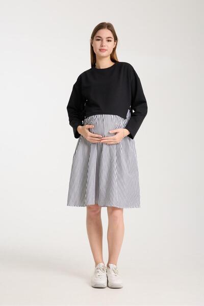 Işşıl E168-Cotton Combed Combination Striped Maternity Sports Tunic-Dress