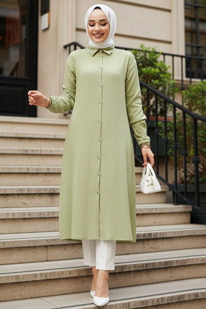 N.S NEVA STYLE Buttoned Pistachio Green Hijab Tunic 70381Fy
