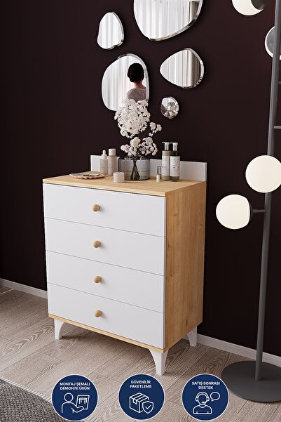 DEKORFİM DF11101 4 Çekmeceli Şifonyer – Geniş Depolama Alanlı, Modern Beyaz Ç...