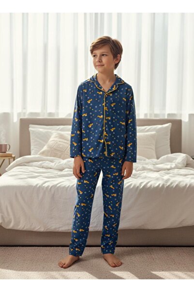 LİLLYPİCCA Boys' Patterned Cotton Front Buttoned Long Sleeve Pajama Set