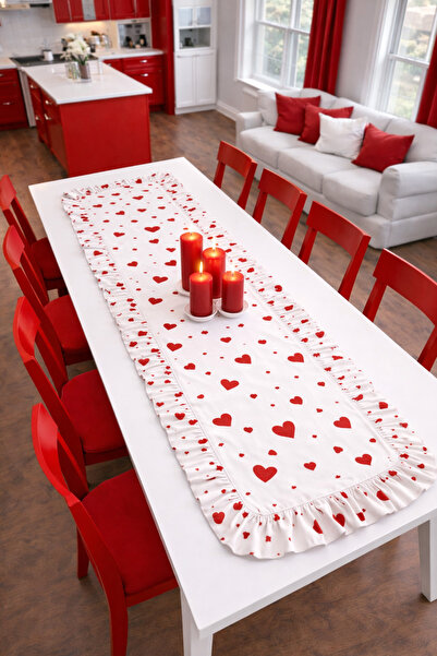 ÇIQRIK HOME Kalpli Fırfırlı Vintage Kırmızı Beyaz Runner Ranır 40x110 Cm