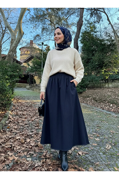 Foremia Pocketed Elastic Waist Skirt-Navy Blue