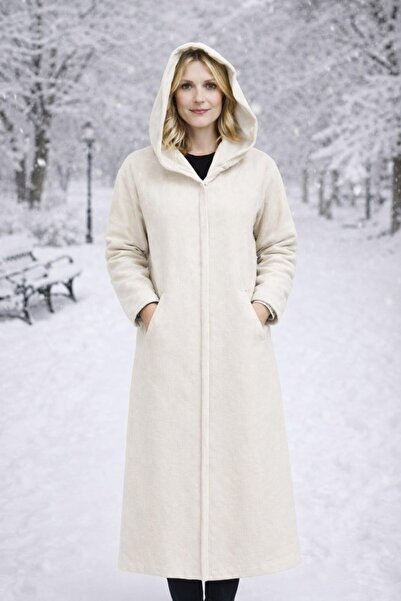 Timburly Krem Kapüşonlu Astarlı ÇıtÇıt Kapamalı Yumuşak Dokulu Oversize Uzun ...