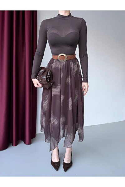 DAME Women's Skirt Asymmetrical Pattern Lined Chiffon Skirt