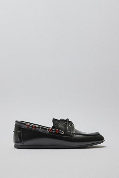 LUTVELIZADE Loafer 2516 - Black Women's Loafer with Beaded Accessories and Laces