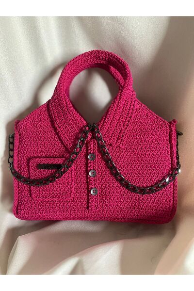 İhtiyacımVar Handbag, Perfect Design Fuchsia Color, Lined Zippered Chain Pock...