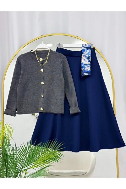 RFK Butik Women's Knitwear Gold Heart Cardigan Puff Scuba Skirt Set - Gray-Na...