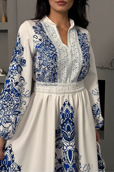 Neşeli Butik Women's Blue Guipure Detailed Atlas Fabric Patterned Imported Dr...