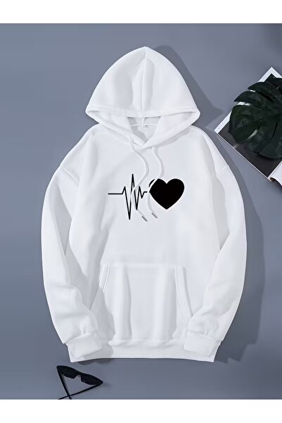 Massgai Unisex Heart Rhythm Printed Design Hooded Oversized Sweatshirt Hoodie